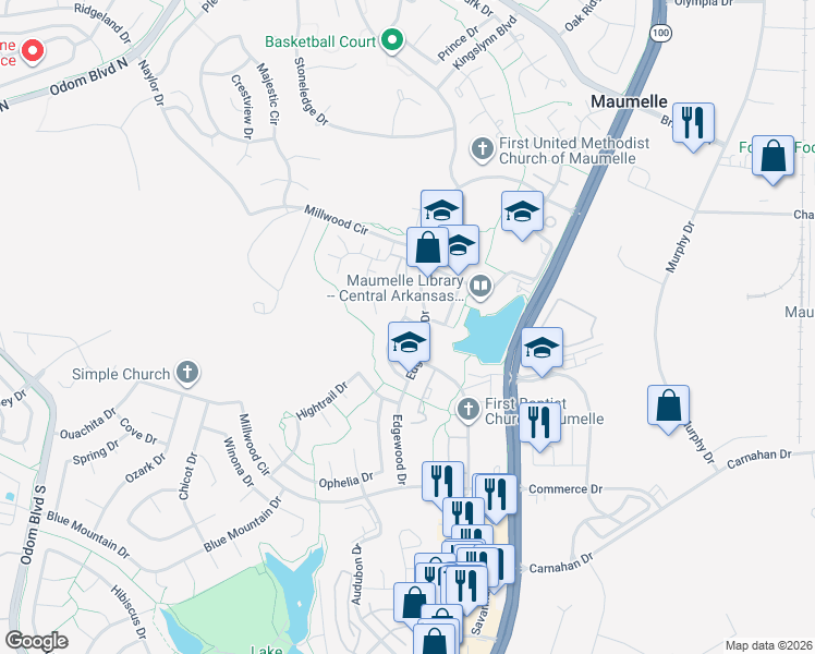 map of restaurants, bars, coffee shops, grocery stores, and more near 5 Southland Drive in Maumelle