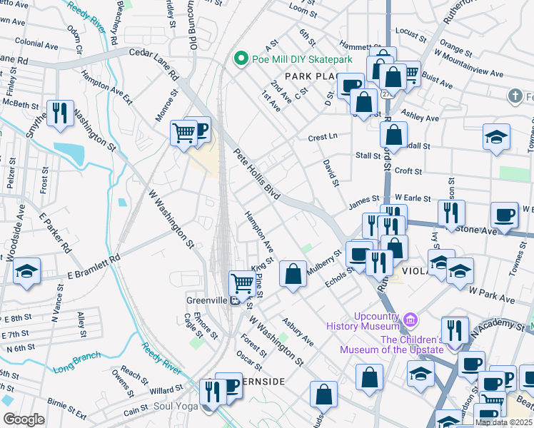 map of restaurants, bars, coffee shops, grocery stores, and more near 513 Pinckney Street in Greenville