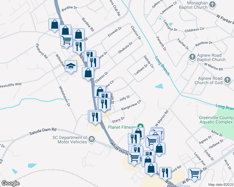 map of restaurants, bars, coffee shops, grocery stores, and more near 6 Patricia Avenue in Greenville