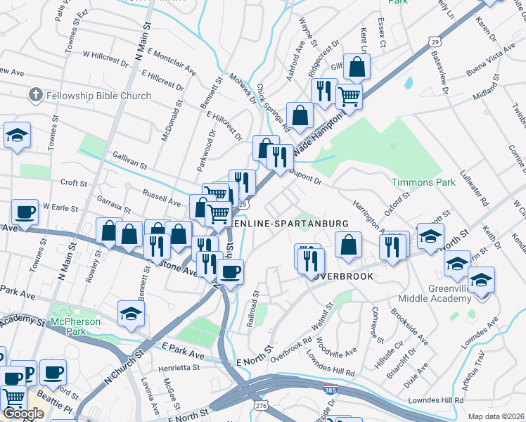 map of restaurants, bars, coffee shops, grocery stores, and more near 115 Mount Eustis Street in Greenville