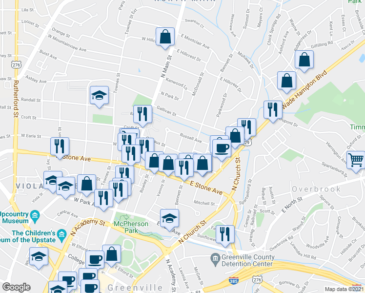 map of restaurants, bars, coffee shops, grocery stores, and more near 6 McDonald Street in Greenville