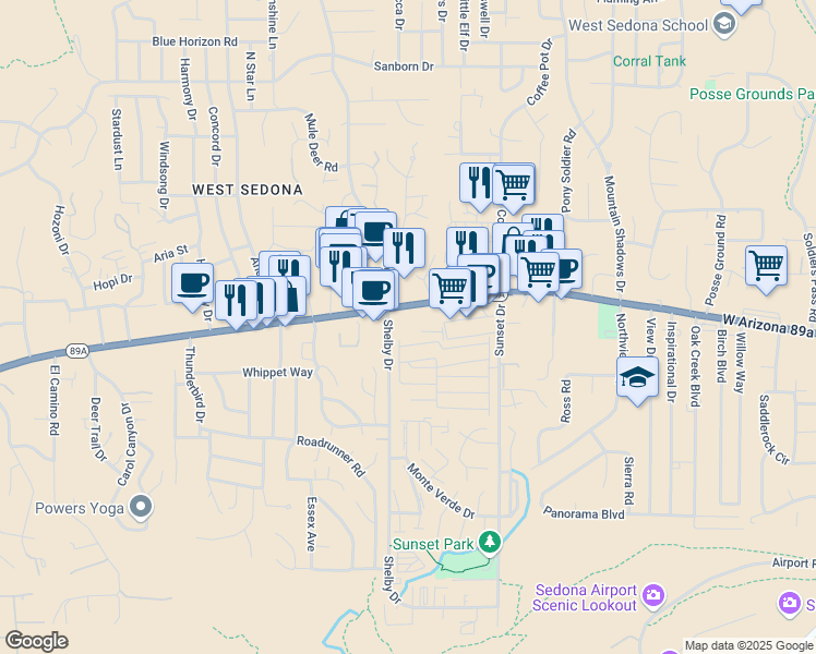 map of restaurants, bars, coffee shops, grocery stores, and more near 1055 Highway 89A in Sedona
