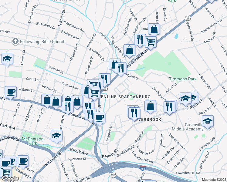 map of restaurants, bars, coffee shops, grocery stores, and more near 115 Mount Eustis Street in Greenville