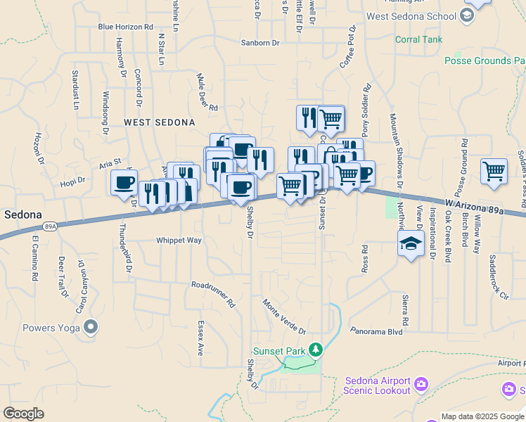 map of restaurants, bars, coffee shops, grocery stores, and more near 2201 Arizona 89A in Sedona
