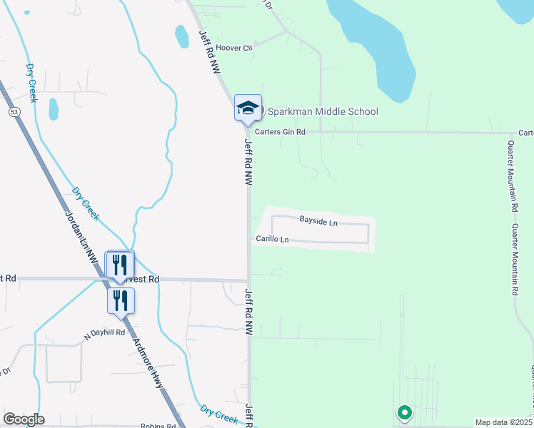 map of restaurants, bars, coffee shops, grocery stores, and more near 112 Bayside Lane in Toney