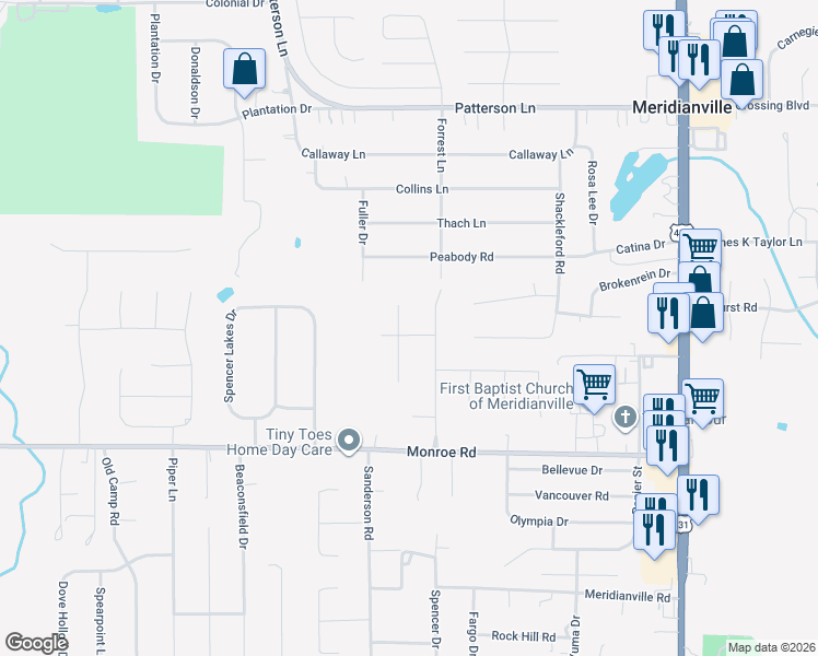 map of restaurants, bars, coffee shops, grocery stores, and more near 124 Forrest Lane in Meridianville