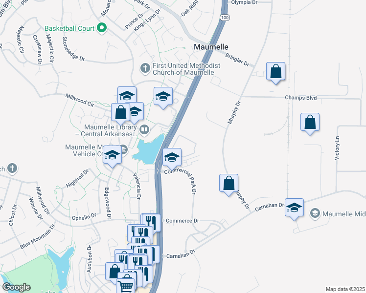 map of restaurants, bars, coffee shops, grocery stores, and more near 100 Commercial Park Court in Maumelle