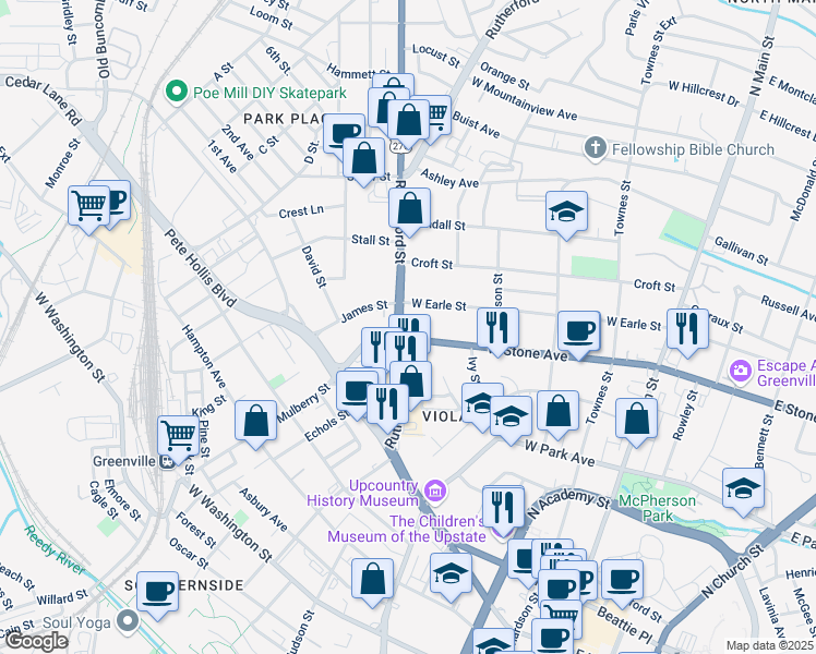 map of restaurants, bars, coffee shops, grocery stores, and more near 300 Rutherford Street in Greenville