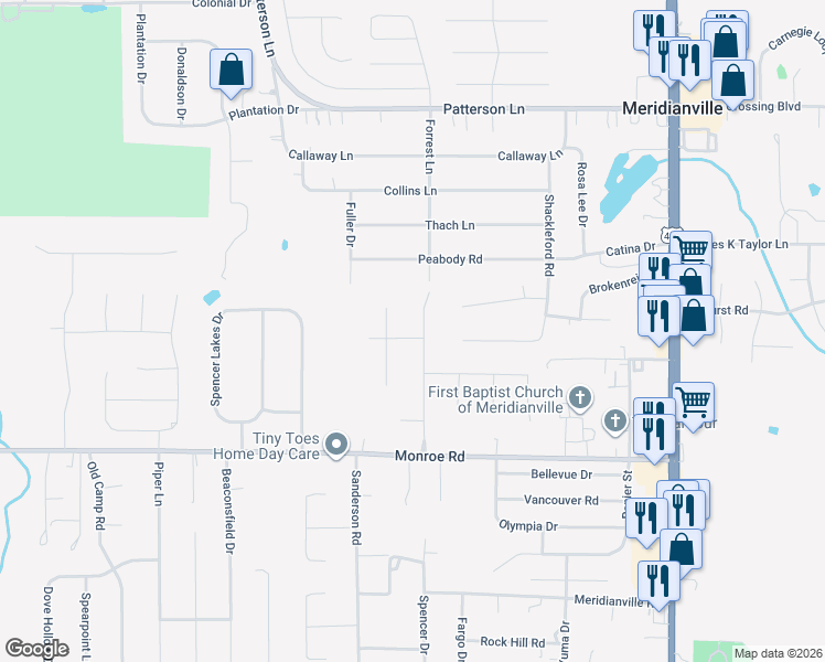map of restaurants, bars, coffee shops, grocery stores, and more near 124 Forrest Lane in Meridianville