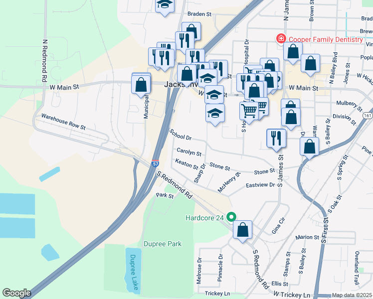 map of restaurants, bars, coffee shops, grocery stores, and more near 1608 Carolyn Street in Jacksonville