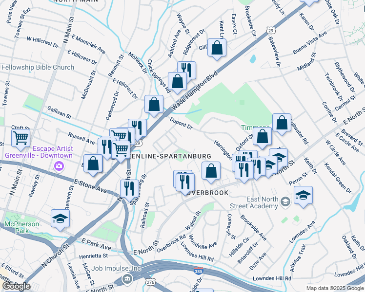 map of restaurants, bars, coffee shops, grocery stores, and more near 116 Spartanburg Street in Greenville