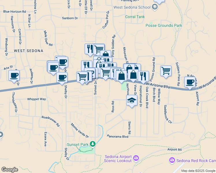 map of restaurants, bars, coffee shops, grocery stores, and more near 75 Kallof Place in Sedona