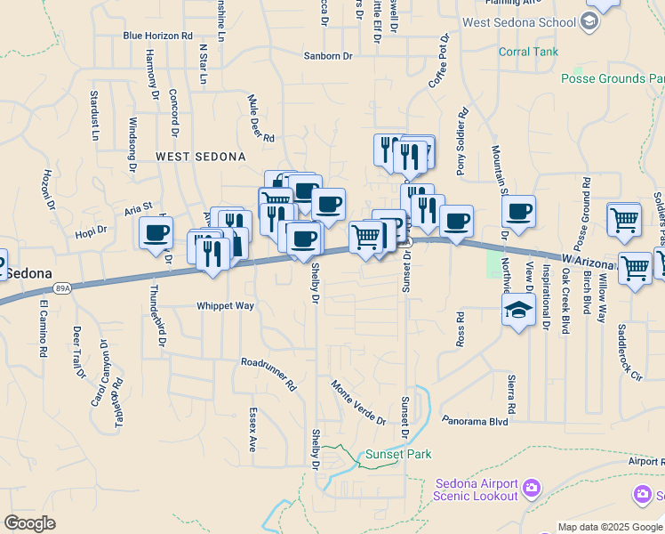 map of restaurants, bars, coffee shops, grocery stores, and more near 2201 Arizona 89A in Sedona