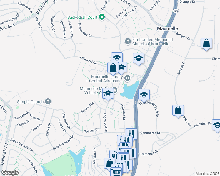 map of restaurants, bars, coffee shops, grocery stores, and more near 7 Southland Drive in Maumelle