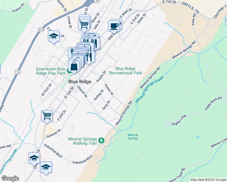 map of restaurants, bars, coffee shops, grocery stores, and more near 458 Gray Street in Blue Ridge