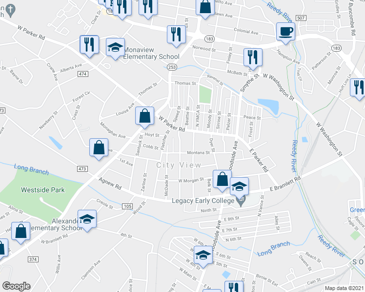 map of restaurants, bars, coffee shops, grocery stores, and more near 206 Henderson Street in Greenville