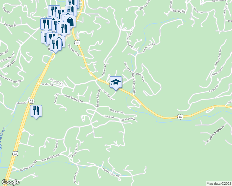 map of restaurants, bars, coffee shops, grocery stores, and more near Highway 76 East in Clayton