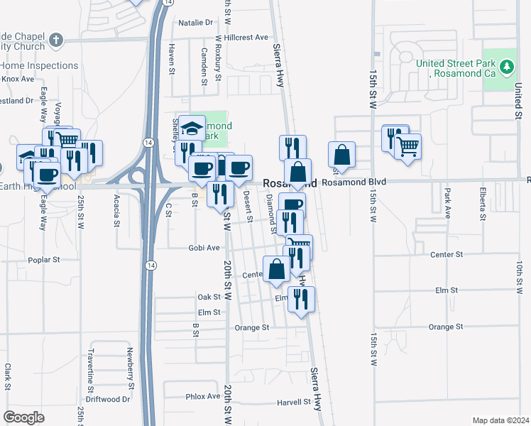 map of restaurants, bars, coffee shops, grocery stores, and more near 2911 Diamond Street in Rosamond