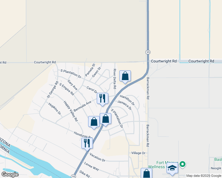 map of restaurants, bars, coffee shops, grocery stores, and more near 10108 Virginia Drive in Mohave Valley
