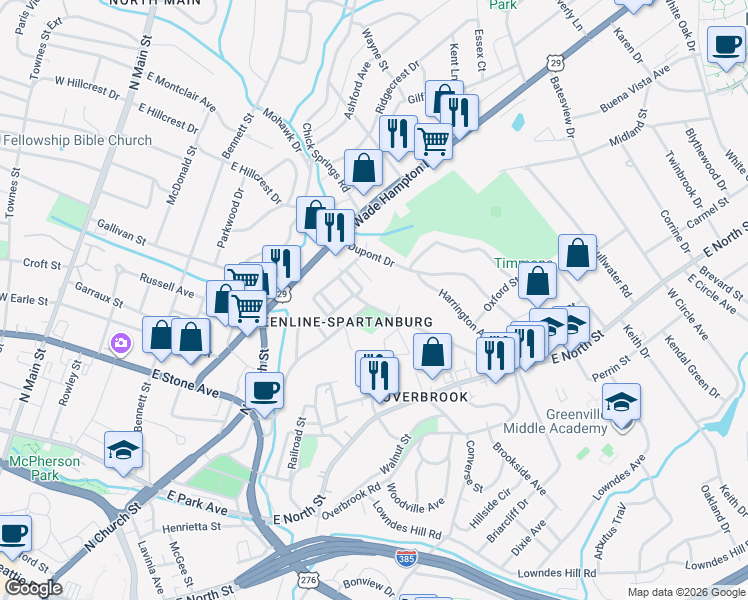 map of restaurants, bars, coffee shops, grocery stores, and more near 116 Spartanburg Street in Greenville