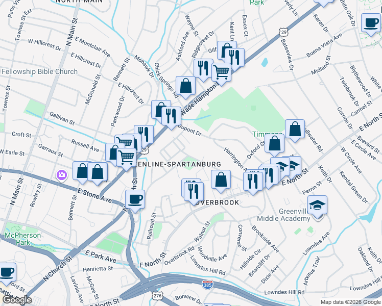 map of restaurants, bars, coffee shops, grocery stores, and more near 116 Spartanburg Street in Greenville
