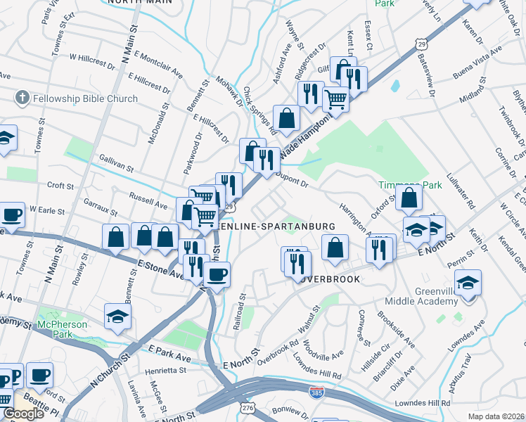 map of restaurants, bars, coffee shops, grocery stores, and more near 111 Mount Zion Avenue in Greenville