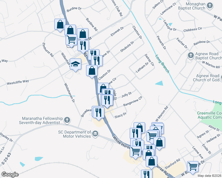 map of restaurants, bars, coffee shops, grocery stores, and more near 2 Vale Street in Greenville