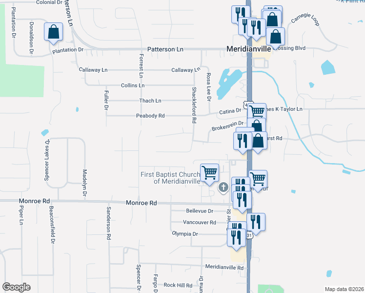map of restaurants, bars, coffee shops, grocery stores, and more near 138 Shackleford Road in Meridianville