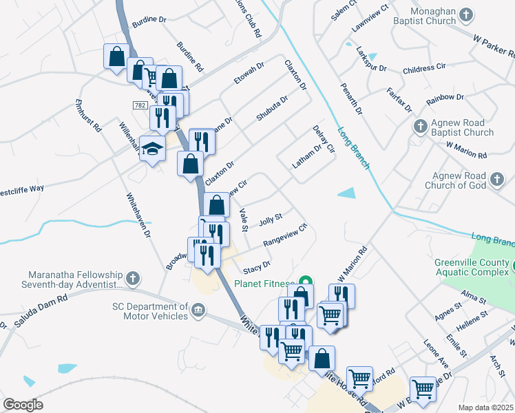 map of restaurants, bars, coffee shops, grocery stores, and more near 6 Patricia Avenue in Greenville