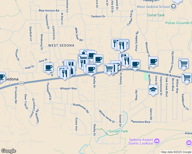map of restaurants, bars, coffee shops, grocery stores, and more near 1055 Highway 89A in Sedona