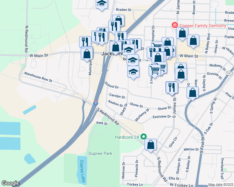 map of restaurants, bars, coffee shops, grocery stores, and more near 1608 Carolyn Street in Jacksonville