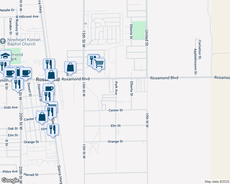 map of restaurants, bars, coffee shops, grocery stores, and more near 1258 West Rosamond Boulevard in Rosamond