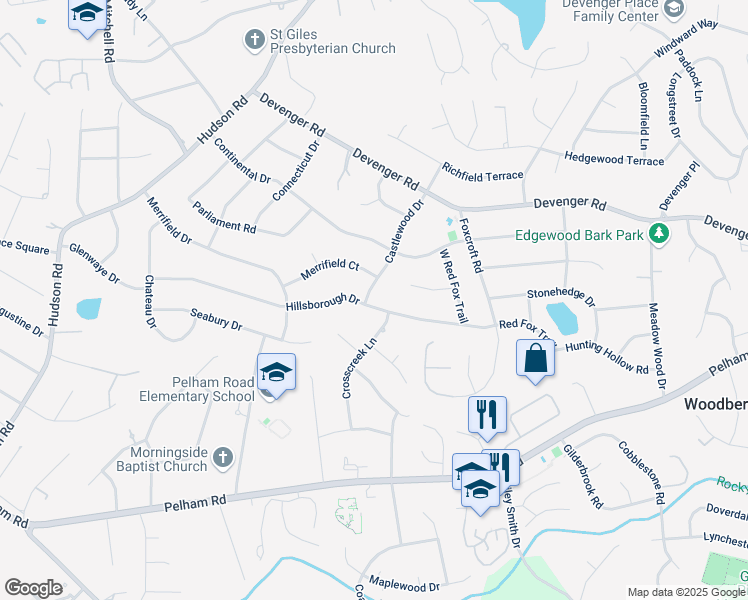 map of restaurants, bars, coffee shops, grocery stores, and more near 203 Hillsborough Drive in Greenville