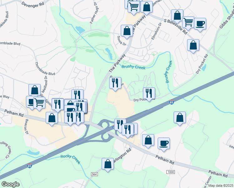 map of restaurants, bars, coffee shops, grocery stores, and more near Parkway East in Greenville