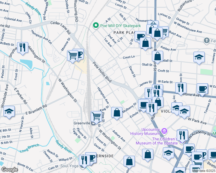 map of restaurants, bars, coffee shops, grocery stores, and more near 513 Pinckney Street in Greenville