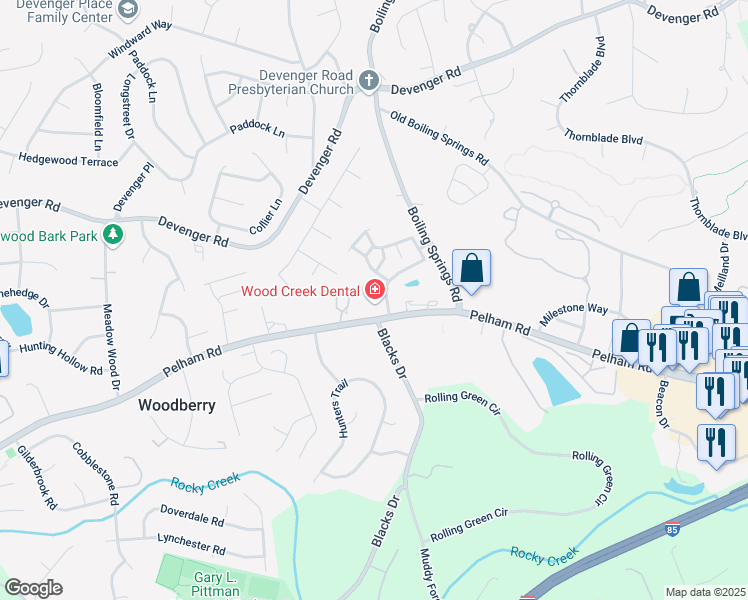 map of restaurants, bars, coffee shops, grocery stores, and more near 2101 Pelham Road in Greenville