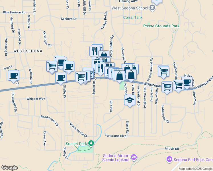 map of restaurants, bars, coffee shops, grocery stores, and more near 75 Kallof Place in Sedona