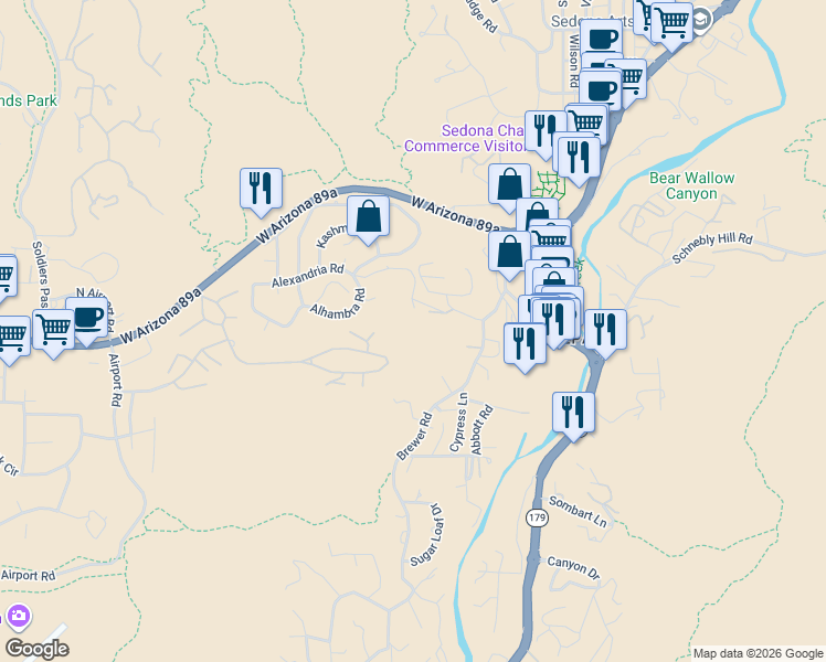 map of restaurants, bars, coffee shops, grocery stores, and more near 8 Camielle Court in Sedona