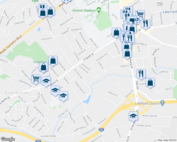 map of restaurants, bars, coffee shops, grocery stores, and more near 29 East Circle Avenue in Greenville