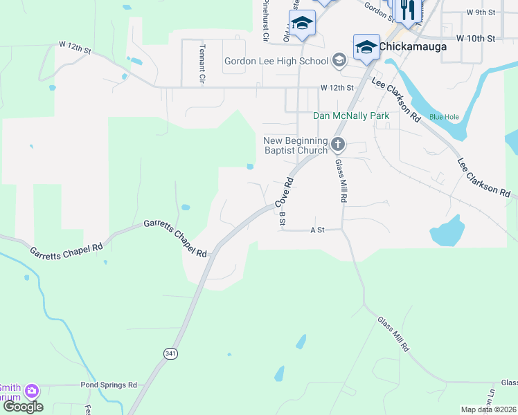 map of restaurants, bars, coffee shops, grocery stores, and more near 803 Cove Road in Chickamauga