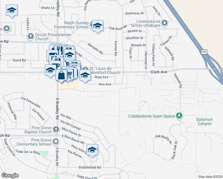 map of restaurants, bars, coffee shops, grocery stores, and more near 1283 Hollysprings Lane in Santa Maria