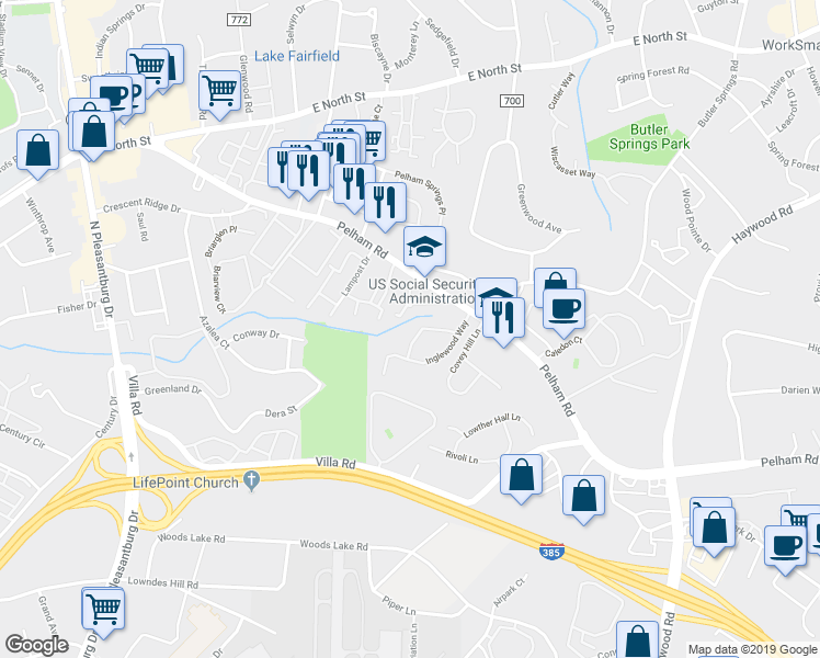 map of restaurants, bars, coffee shops, grocery stores, and more near 172 Ingleoak Lane in Greenville