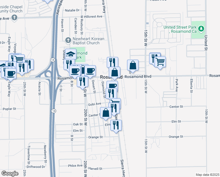 map of restaurants, bars, coffee shops, grocery stores, and more near 2909 Sierra Highway in Rosamond