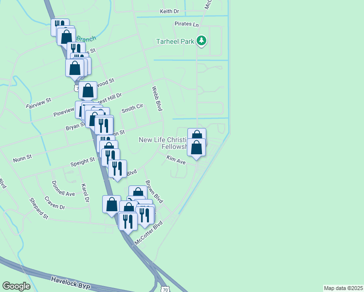 map of restaurants, bars, coffee shops, grocery stores, and more near 116 Witten Circle in Havelock