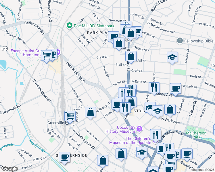 map of restaurants, bars, coffee shops, grocery stores, and more near 30 James Street in Greenville