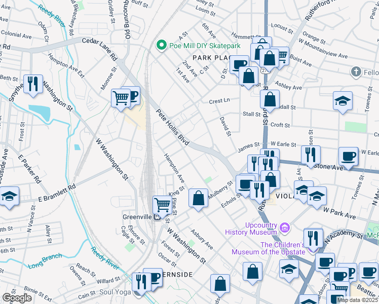 map of restaurants, bars, coffee shops, grocery stores, and more near 513 Pinckney Street in Greenville