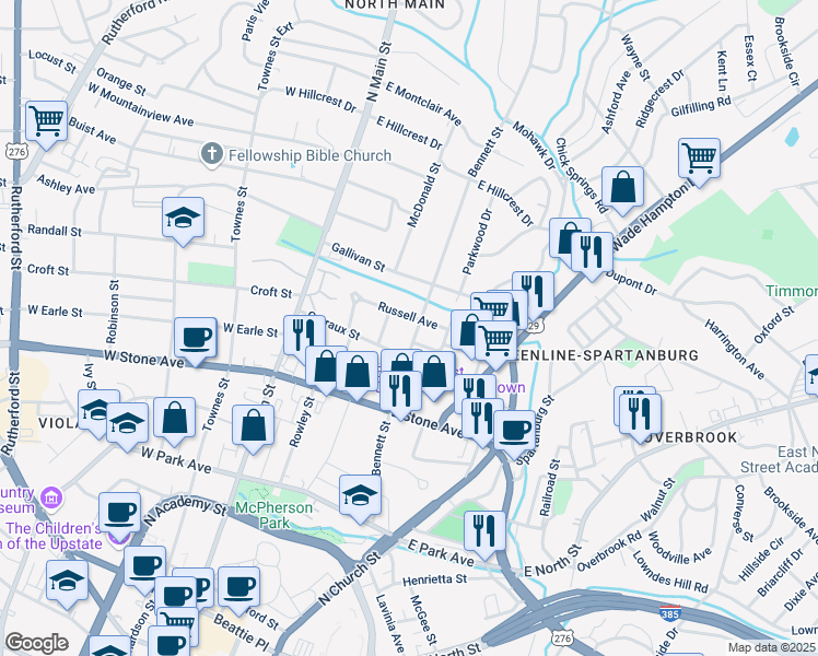 map of restaurants, bars, coffee shops, grocery stores, and more near 503 Bennett Street in Greenville