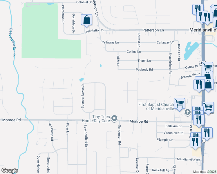 map of restaurants, bars, coffee shops, grocery stores, and more near 128 Madelyn Drive in Meridianville