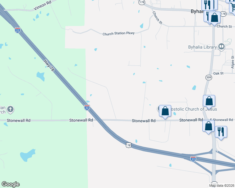 map of restaurants, bars, coffee shops, grocery stores, and more near 94 Brown Hills Road in Byhalia