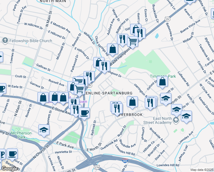 map of restaurants, bars, coffee shops, grocery stores, and more near 111 Mount Zion Avenue in Greenville